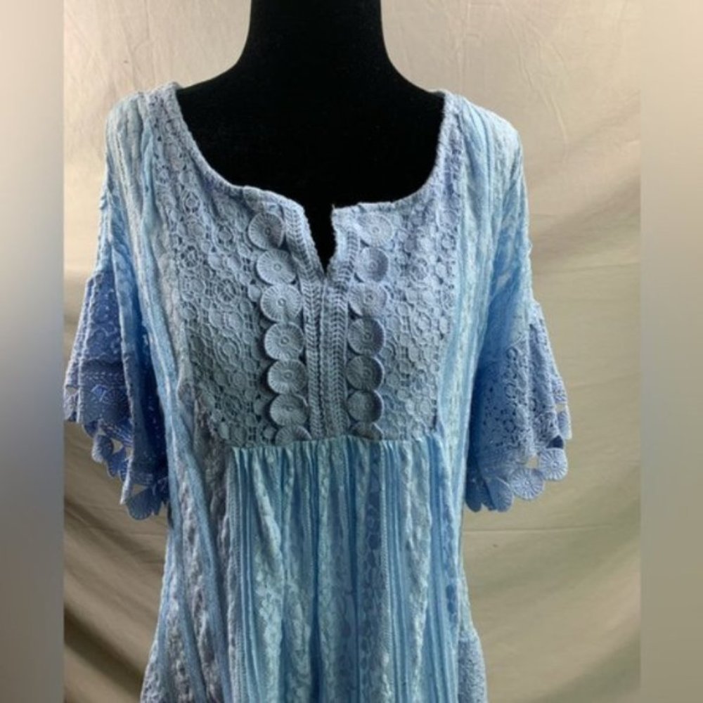 Romantic Lace Tunic Top Flutter Sleeve Ruffle Hem Boho Smock Baby Blue - Picture 6 of 8